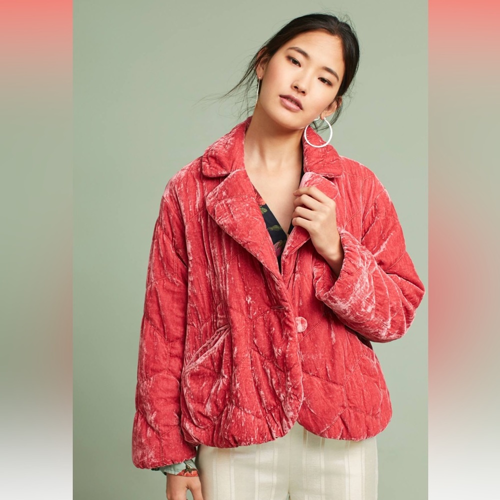 Anthropologie Pink Crushed Velvet Puffer Coat